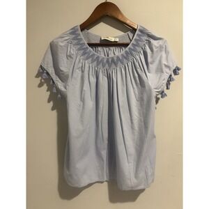 Vineyard Vines Blouse Women's Smocked Tassel Blue Short Sleeve Small‎ Summer